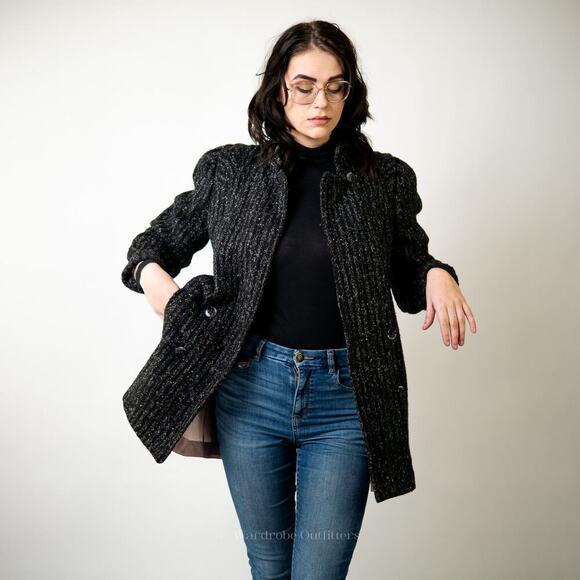 Vintage Custom Tailored Tweed Black Peacoat - M - Picture 1 of 12